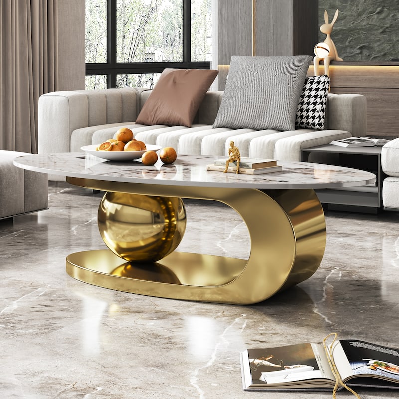 Modern Center Table Oval Faux Marble Top Coffee Table with Stainless Steel Base and Unique Central Ball Support for Living Room