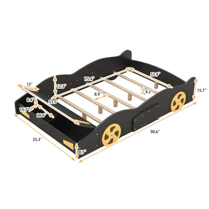 Twin/Full Race Car Platform Bed with Wheels & Storage Compartment, Solid Pine Wood Frame