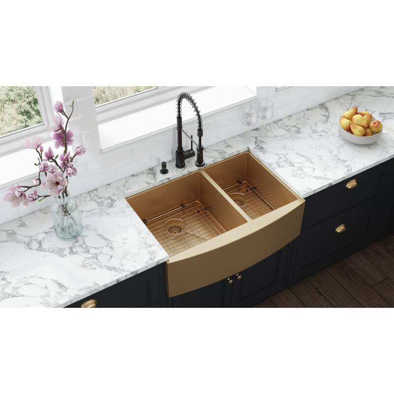 Ruvati 33-inch Satin Matte Gold Stainless Steel 60/40 Double Bowl Apron-Front Farmhouse Kitchen Sink - - 33" X 22" - 33" X 22"