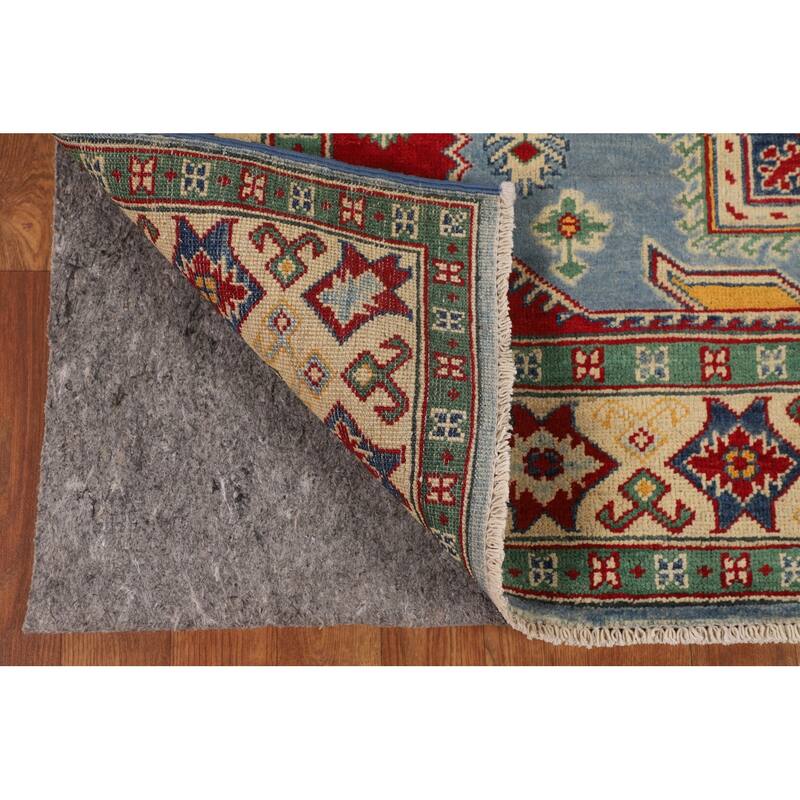 Light Blue Kazak Rug Handmade Geometric Wool Carpet - 4'10" x 6'1"