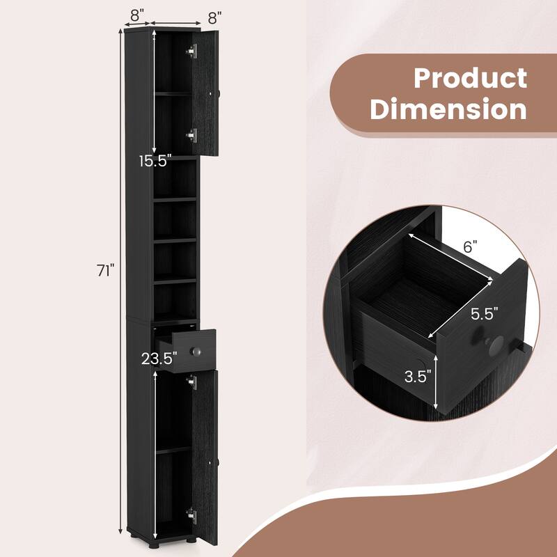 Narrow Freestanding Storage Cabinet for Bathroom Kitchen or Living Room Organization - 8" x 8" x 71"