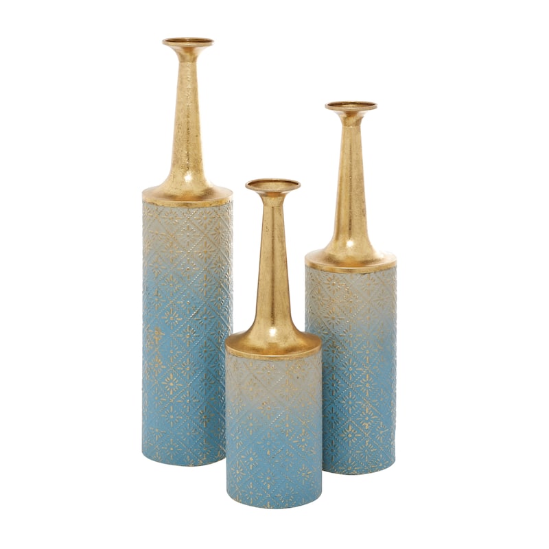 Metal Floral Vase with Gold Top - Set of 3 Blue - Roche River Decor - 6"W x 6"L x 27"H