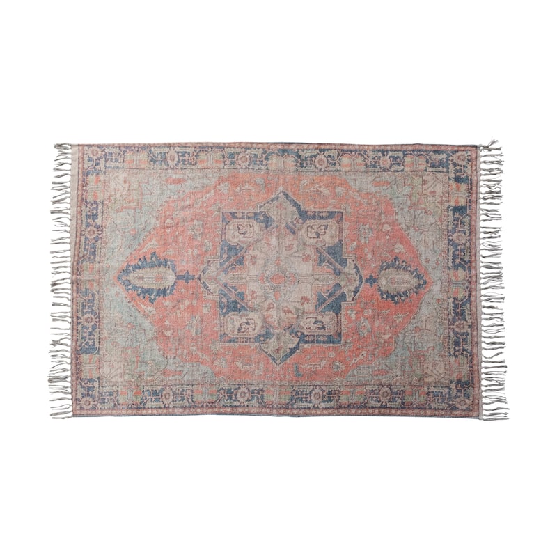 Cotton Chenille Distressed Print Rug with Fringe