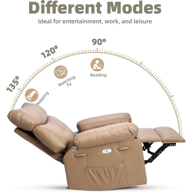 27" Oversized PU Leather Massage Recliner with Heat & Vibration, Cup Holders, Side Pockets, Wood Frame