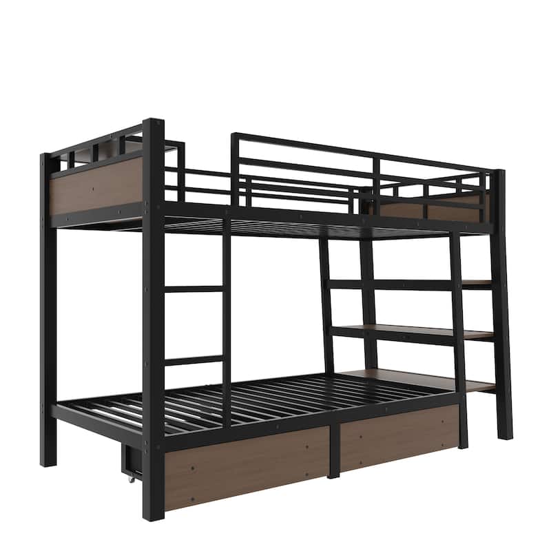 Full/Twin Metal Bunk Bed with Storage Shelves & USB Ports