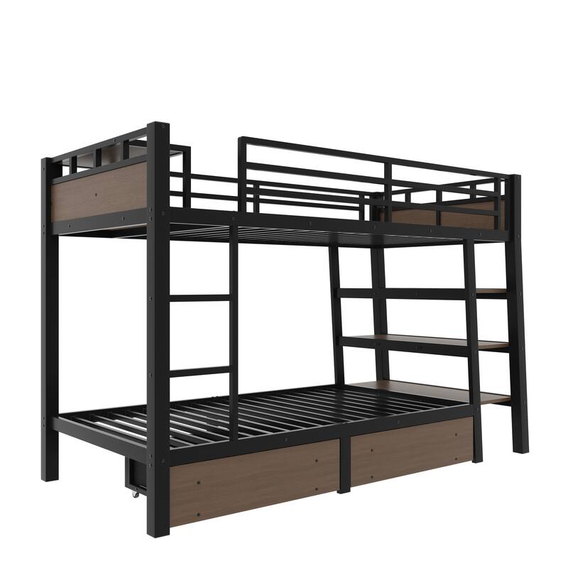 Twin Size Metal Bunk Bed with Storage Shelves, LED light strip, and USB power strip, black