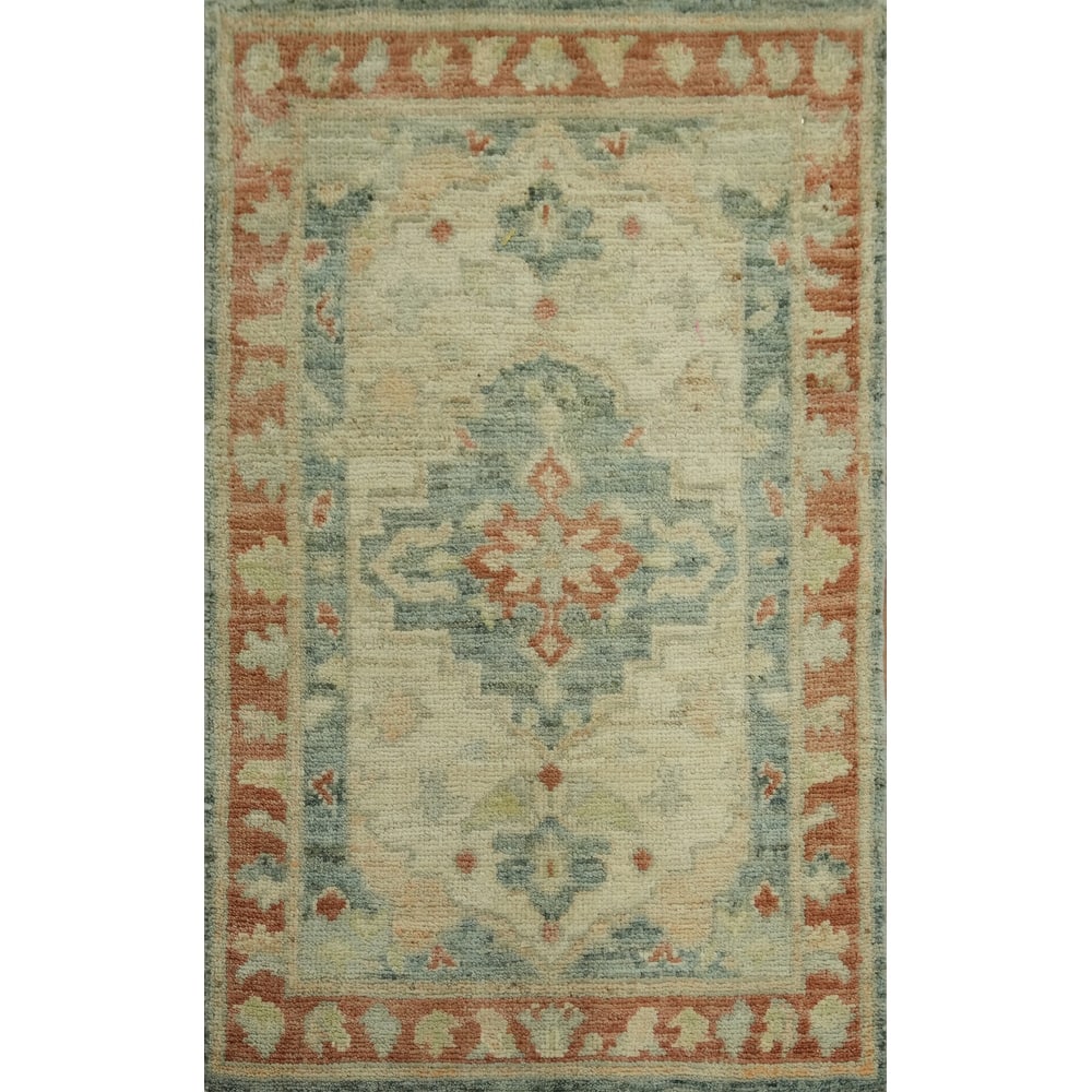 Vegetable Dye Wool Oushak Turkish Foyer Rug, Medallion Geometric Carpet - 2' 11'' X 1' 11''