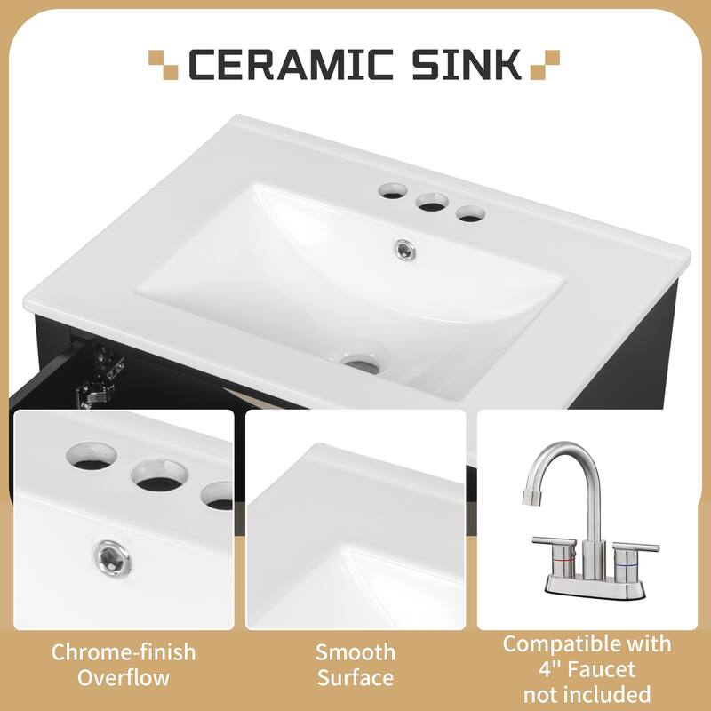 24" Bathroom Vanity with Sink, Freestanding Cabinet with Drawers and Shelves, Ceramic Top, MDF and Solid Wood