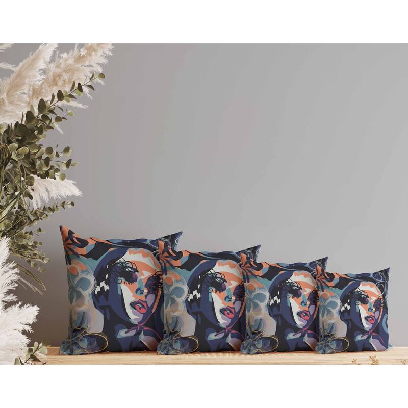 Face Pop Art Indoor/Outdoor Reversible Throw Pillow Blue and Orange