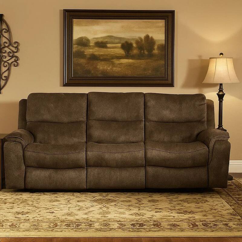Heny Manual Reclining Sofa, Brown Fabric Seating, 88 Inch, No Sag