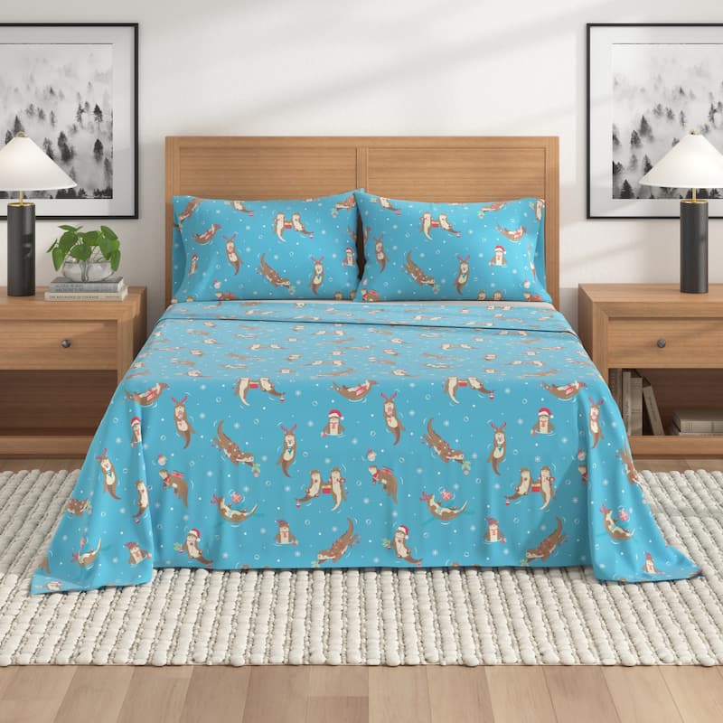 Linery & Co. Christmas Turkish Cotton Double-Brushed Flannel Bed Sheet Set - King - Otters In Snow