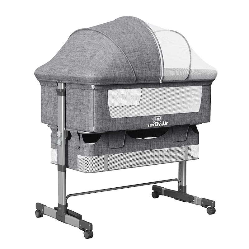 Adjustable Height Baby Bedside Sleeper Crib with Removable Mosquito Net Cover and Wheels - Grey