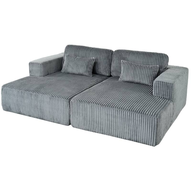 86.6" Corduroy Double Sofa Bed with 2 Pillows and Split Lounger Design