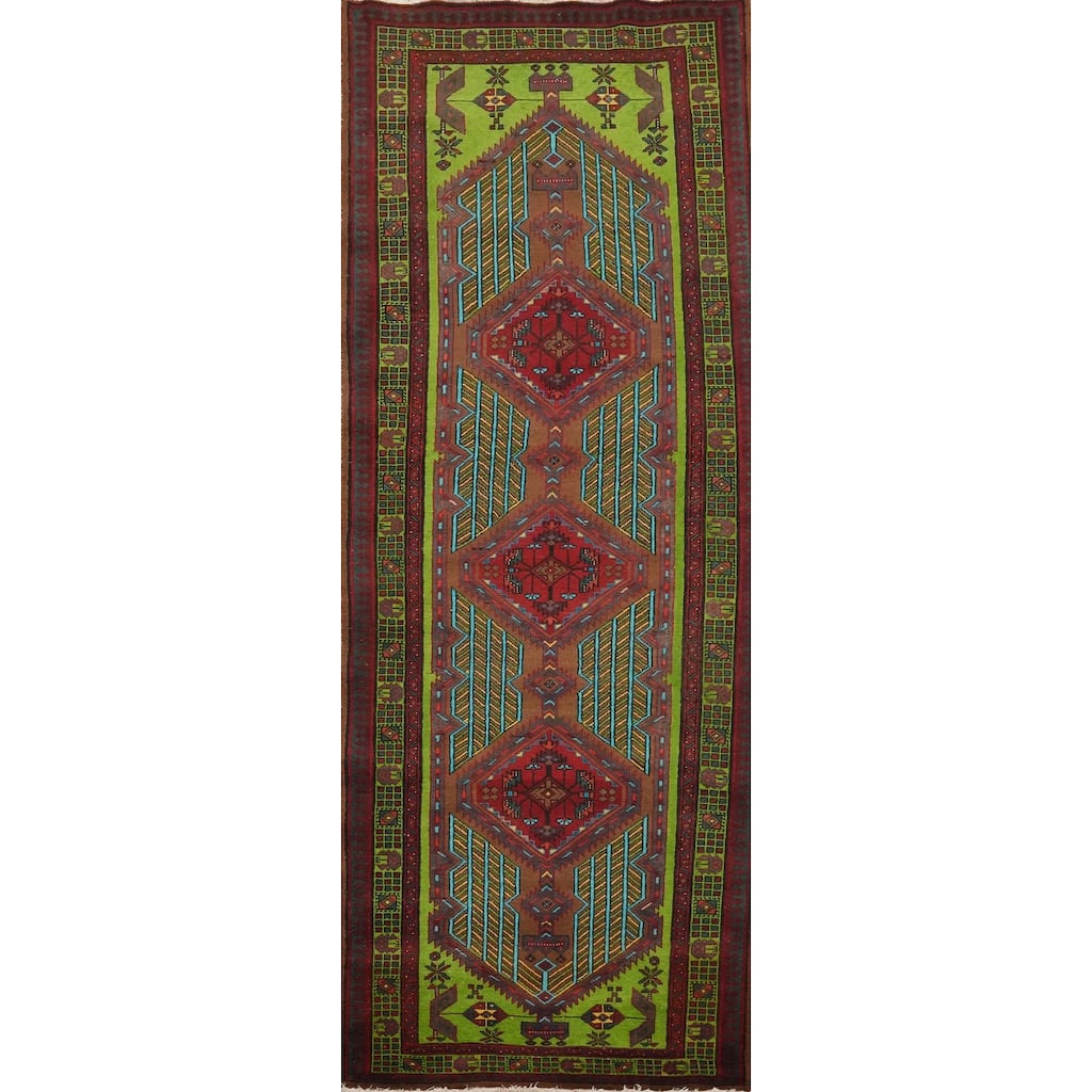 Hand Knotted Oriental 100% Wool Carpet Traditional Tribal Green Ardebil Runner Rug - 10' 7'' X 3' 6''