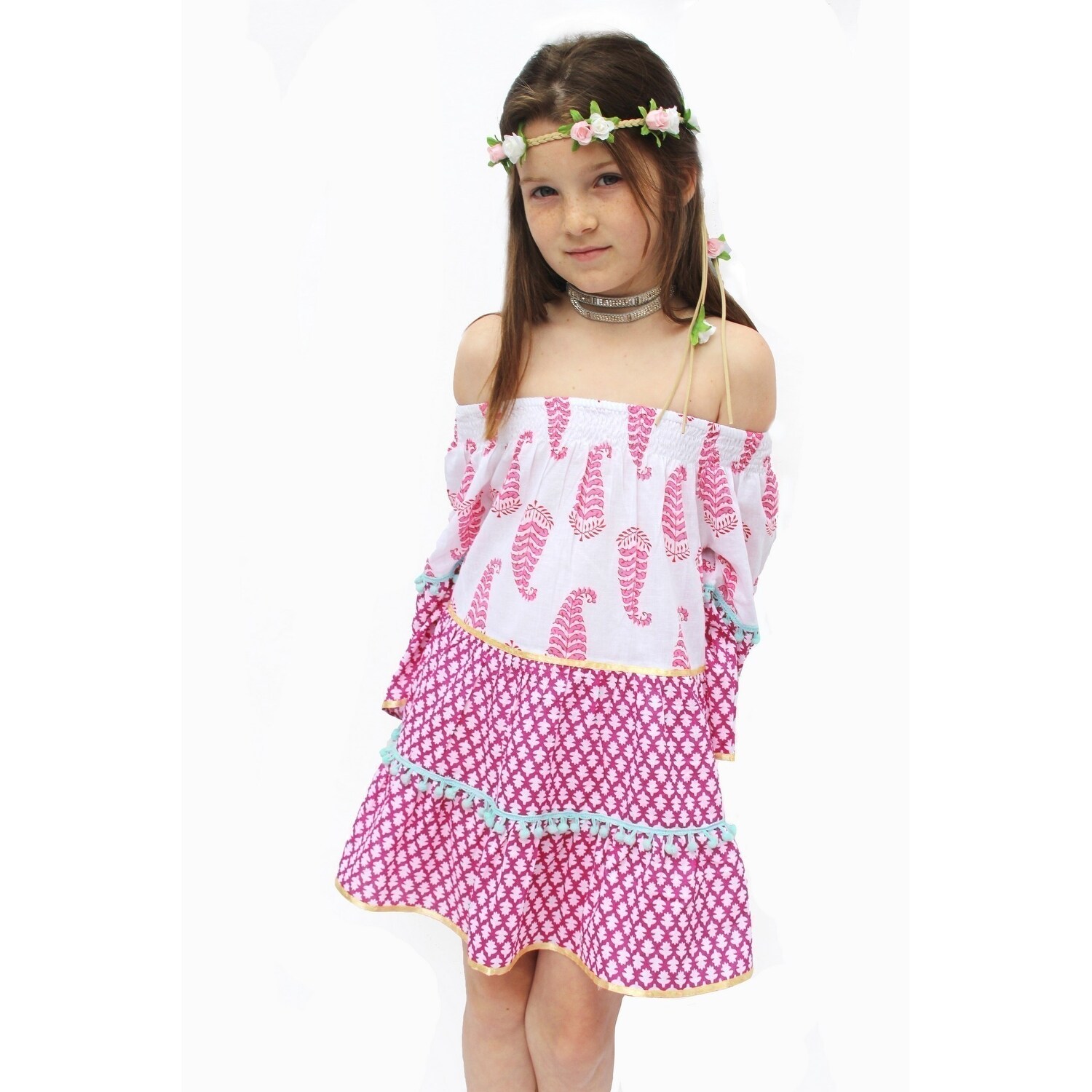 Shop Azul Girls White Boho Chic Pom Pom Adorned Long Sleeved Dress