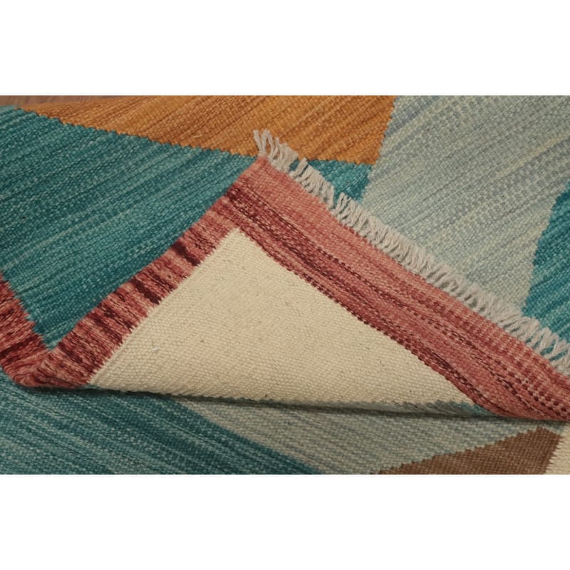 Hand Woven Oriental 100% Wool Carpet Southwestern Geometric Multi-Colored Kilim Runner Rug - 8' 2'' X 2' 1''