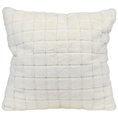 18" White Plaid Tufted Plush Square Throw Pillow