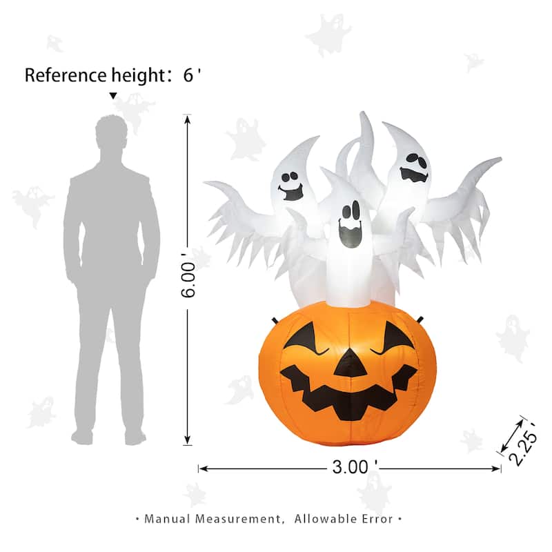 Glitzhome 6FT Lighted 3 Screaming Ghosts In Pumpkin Inflatable Decor