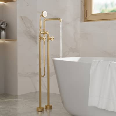 Modland 42''H Floor Mount Bathtub Faucet Freestanding Tub Filler With Handheld Shower In Black / Gold