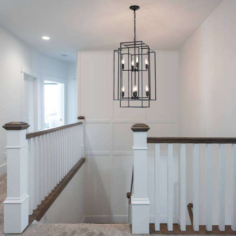 18" Modern 8-Light Black Geometric Pendant Chandelier, Industrial Metal Frame, Adjustable Hanging Light for Living Room