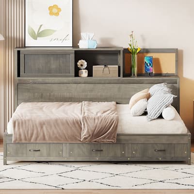 Full Size Wooden Daybed with 3 Storage Drawers, USB Ports, Pushable Shelf, Gray