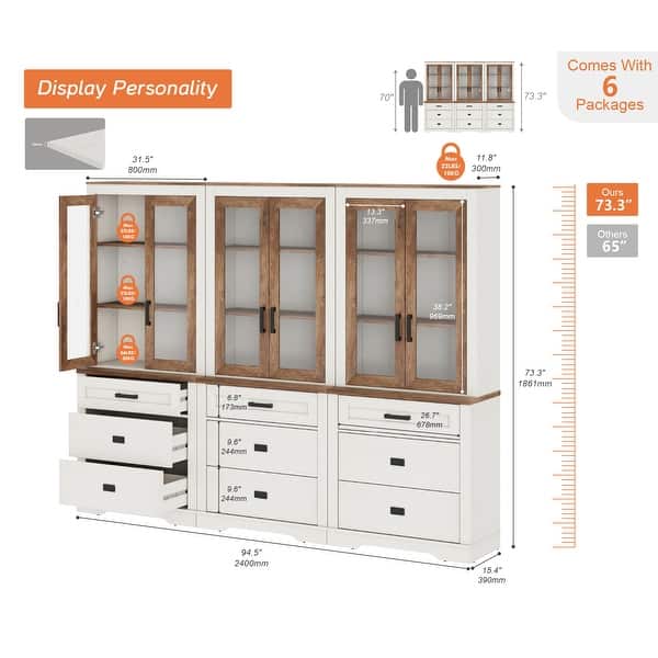 dimension image slide 0 of 9, 3 Tier Bookcase with Drawer,73.3" Tall Floor Standing Bookshelf