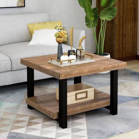 Rustic Natural Coffee Table with Storage Shelf for Living Room, Easy Assembly