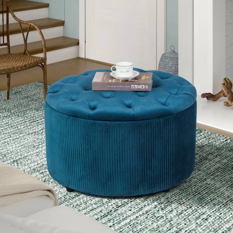 Adeco Round Storage Ottoman Button Tufted Footrest Stool Bench