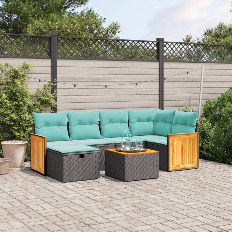vidaXL Patio Sofa Set with Cushions Outdoor Conversation Furniture Poly Rattan - Black without storage - 24.4" x 24.4" x 27.2"