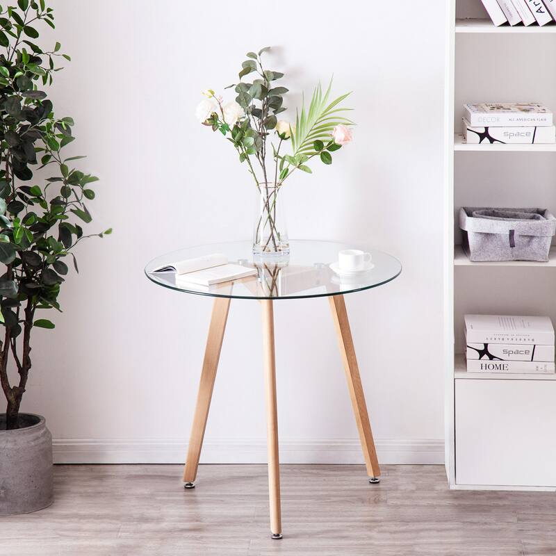 Ivinta Modern Small Dining Table Round Glass Coffee Table Farmhouse Kitchen Table - Clear Top - Natural