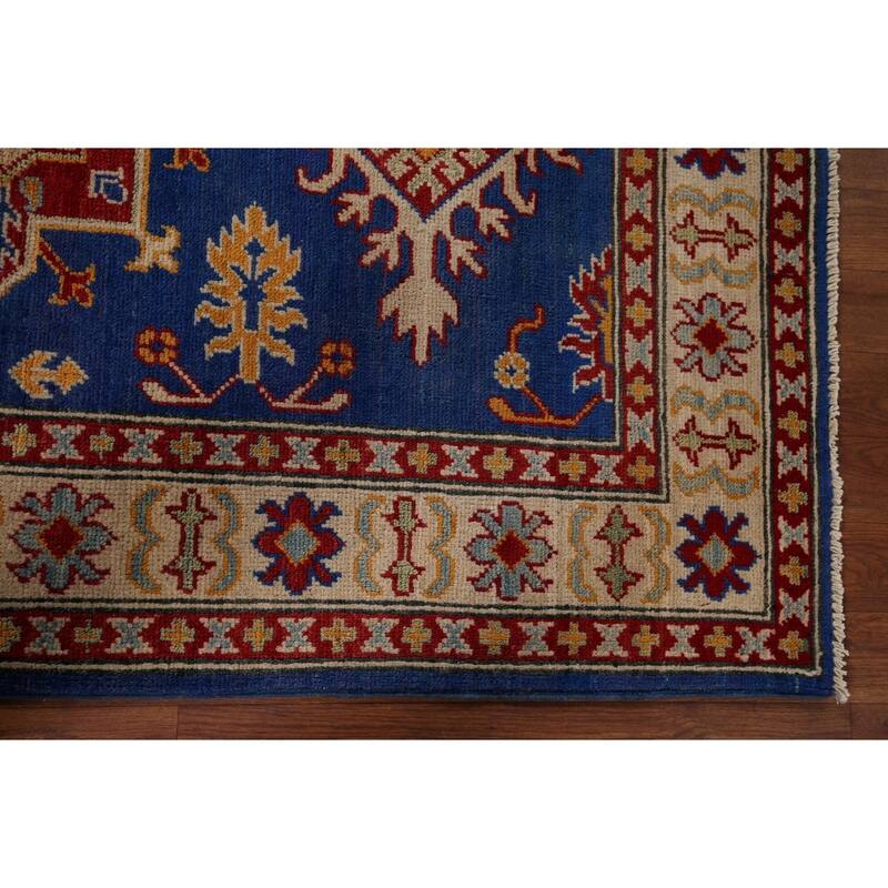Blue Geometric Kazak Accent Rug Hand-Knotted Oriental Wool Carpet - 3'5" x 4'11"