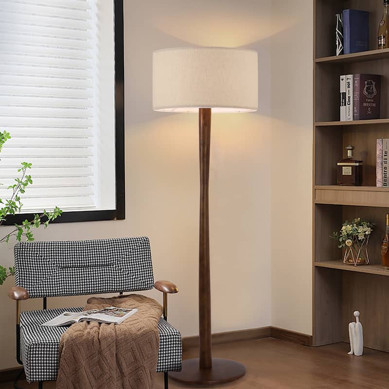61 in. Retro Standing Floor Lamp with Rubberwood Base and Linen KD Lampshade for Bedroom, Living Room