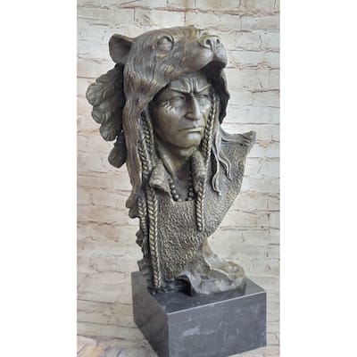 Native American Indian Chief Warrior In Bear Headdress Bonnet - Bronze Sculpture By Milo