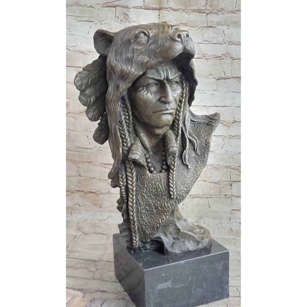 Native American Indian Chief Warrior In Bear Headdress Bonnet - Bronze Sculpture By Milo