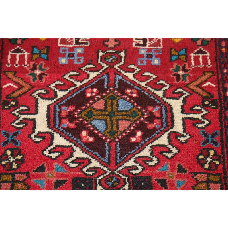 Tribal Geometric Gharajeh Persian Runner Rug Handmade Red Wool Carpet - 2'4"x 9'10"