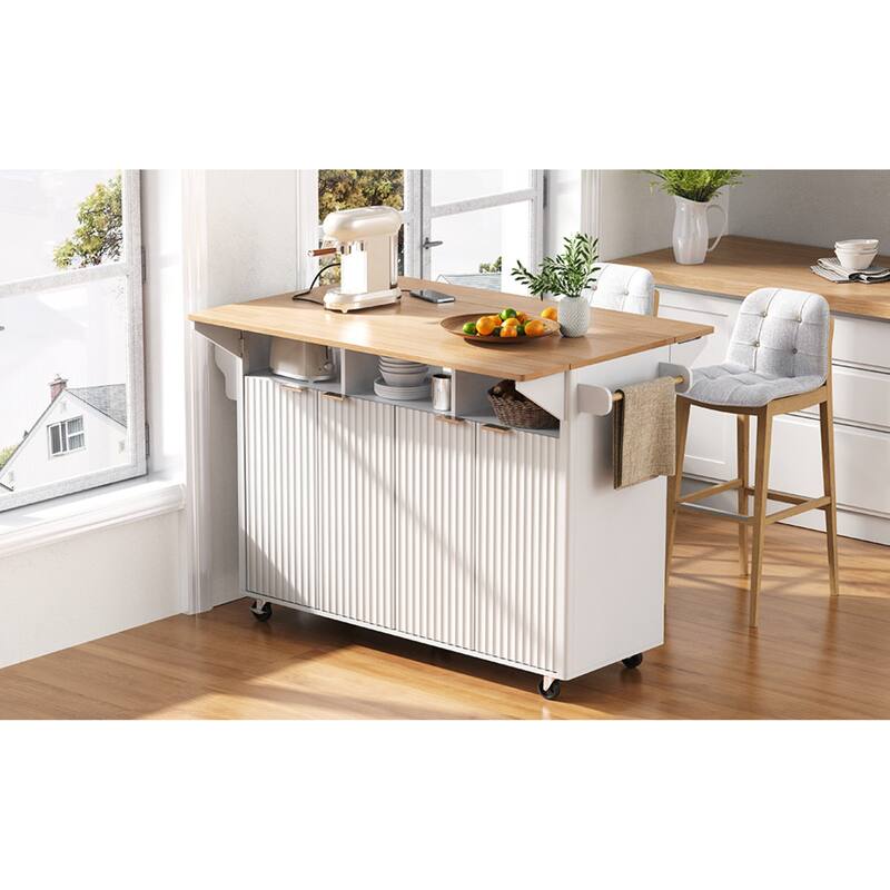 Roomfitters 55.5" Fluted Kitchen Island with Double Drop Leaf, Storage Cart with Power Outlet & Wood-grain Top
