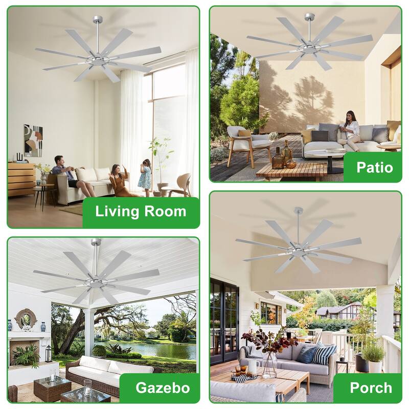 72" large Ceiling Fan for Farmhouse: without Light 8 Blades 5-Speed Timer - with Remote for Big Indoor Outdoor Covered Patio