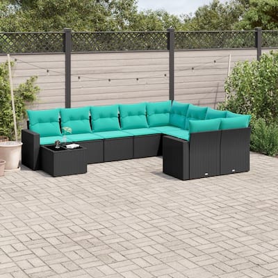 vidaXL 10 Piece Patio Sofa Set with Cushions Black Poly Rattan - 24.4" x 24.4" x 27.2"