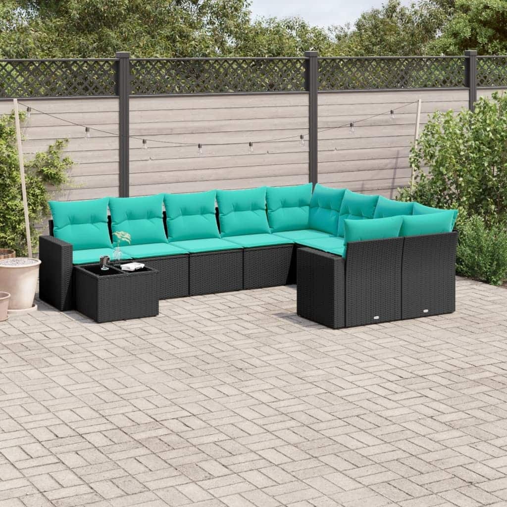 vidaXL 10 Piece Patio Sofa Set with Cushions Black Poly Rattan - 24.4" x 24.4" x 27.2"