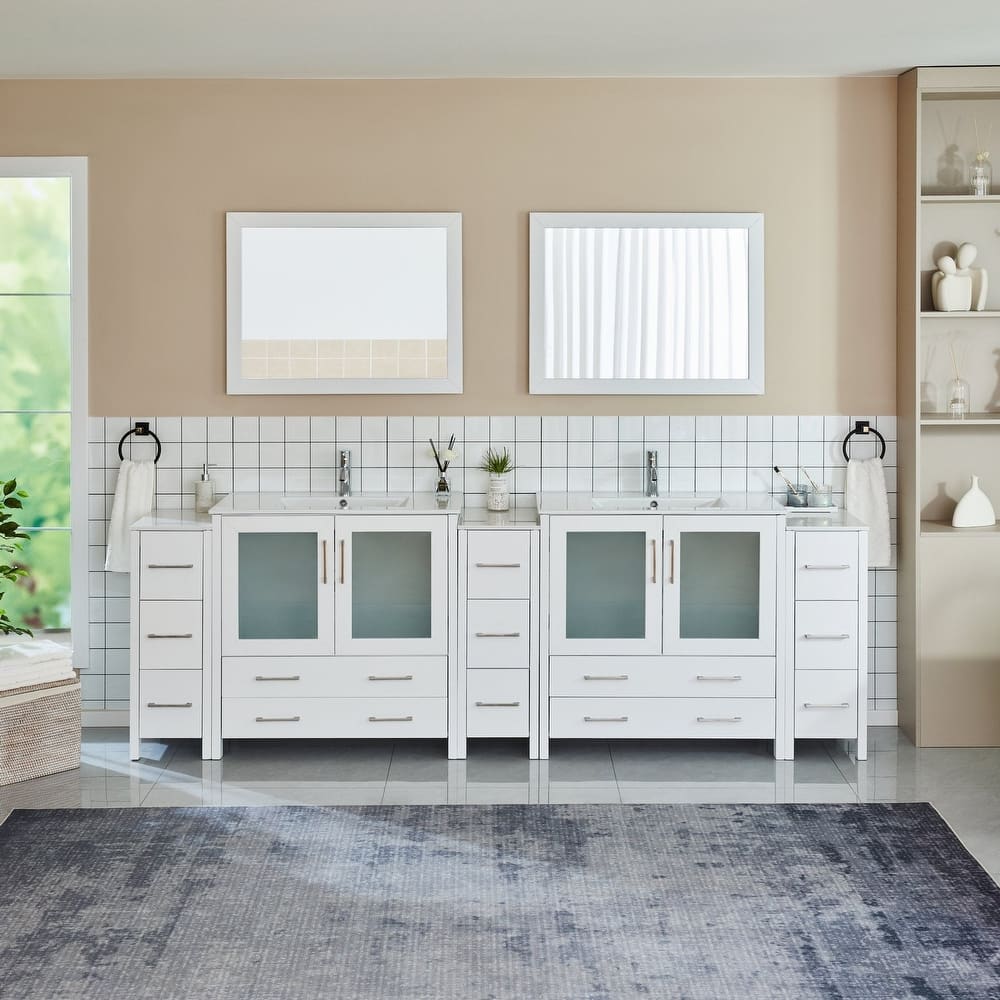 Vanity Art 108" Double Sink Bathroom Vanity Set 13 Dove-Tailed Drawers 3 Cabinets 2 Shelves Soft-Closing Doors with Free Mirror