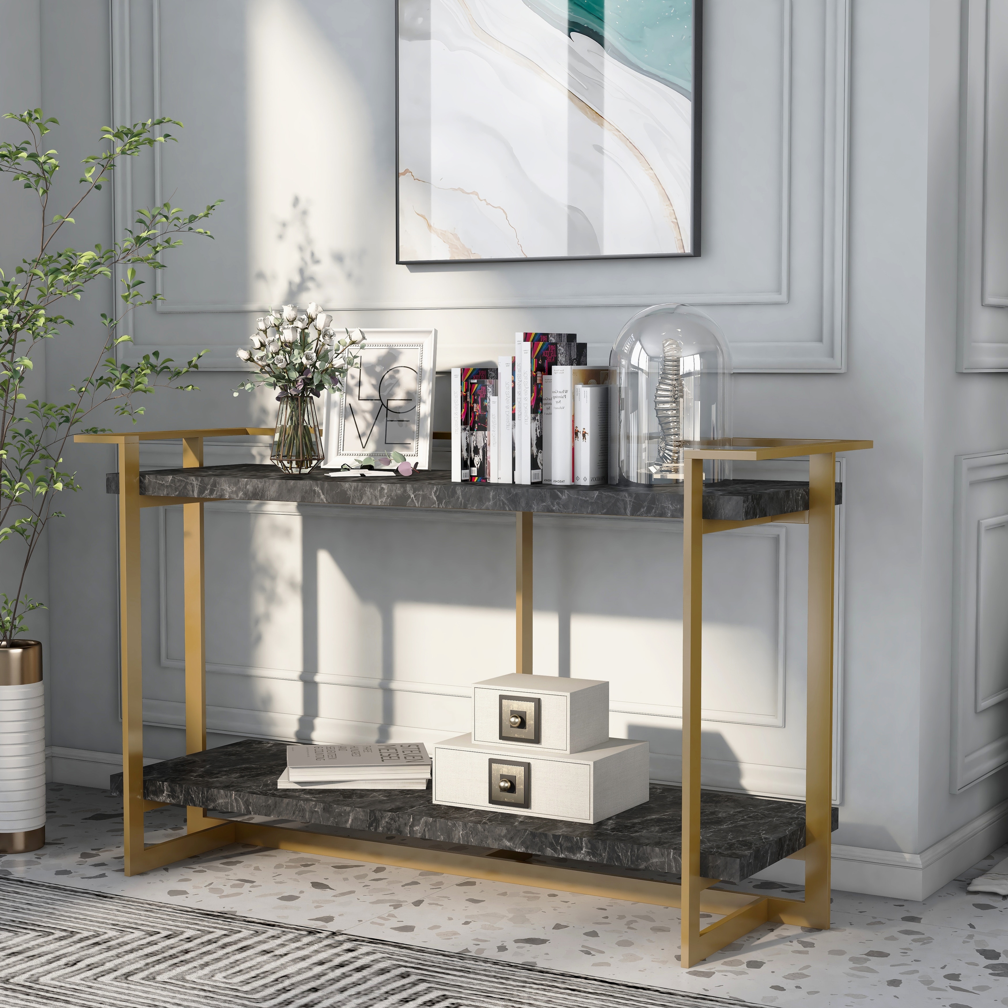 Furniture of America Lovell Glam Gold and Black 51-inch Faux Marble 1-Shelf Sofa Table