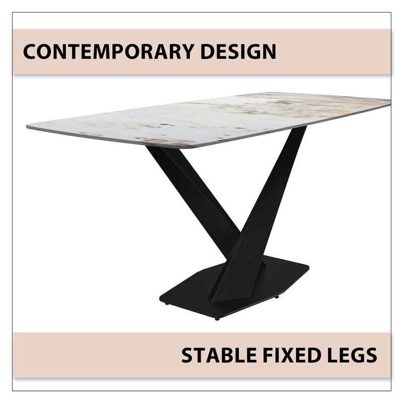 Voren Dining Table with Stone or Glass Tabletop in Black Steel Base