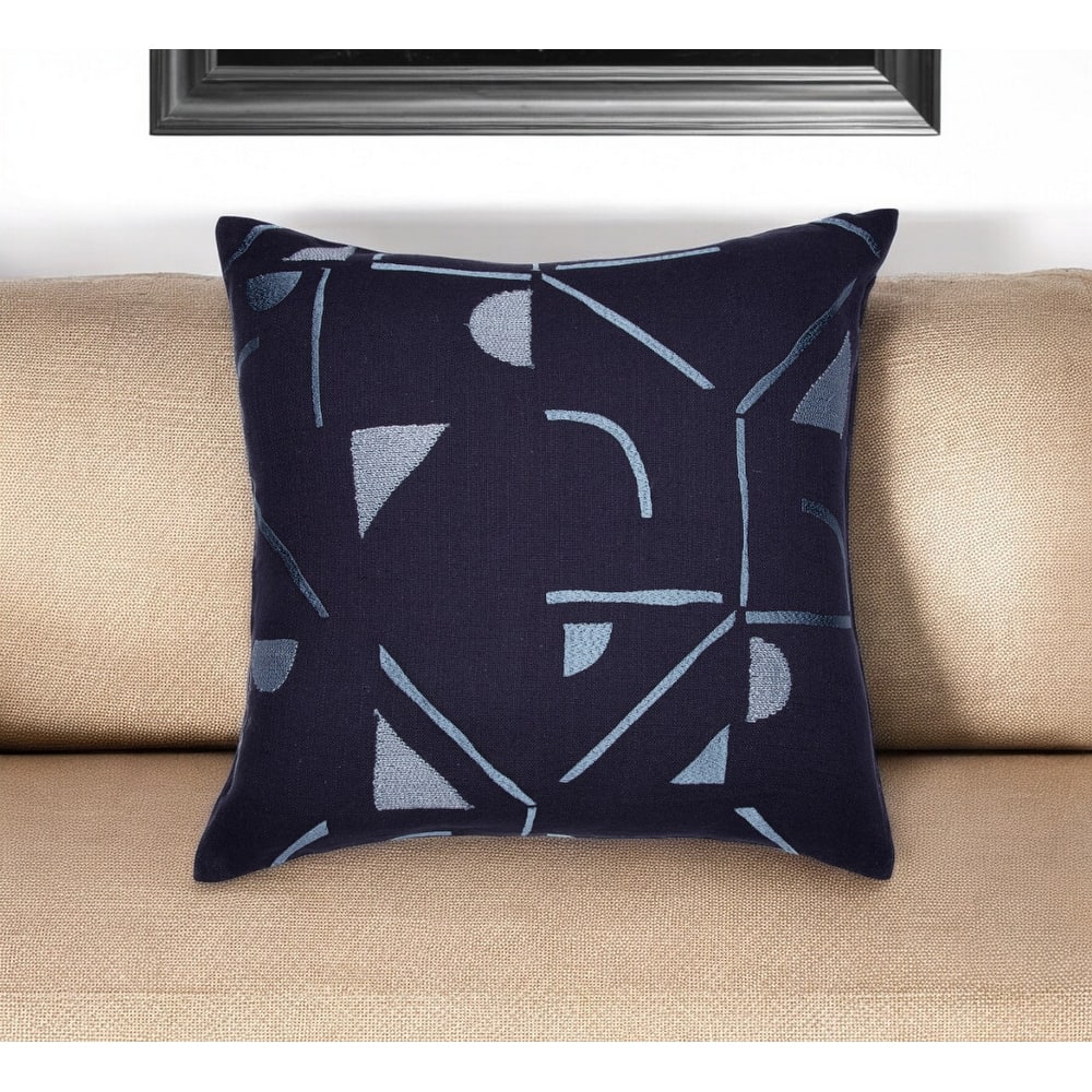 HomeRoots 20" Blue Geometric Cotton Blend Throw Pillow With Embroidery
