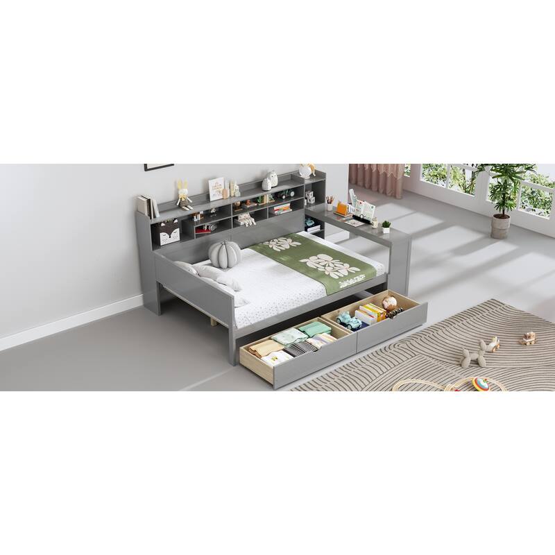 Wooden Full Size Daybed with Storage Shelves, Multi-functional Bed with Two Storage Drawers and Study Desk, Gray