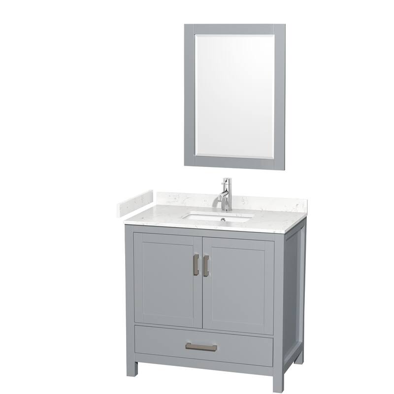 Sheffield Single Bathroom Vanity Set, Cultured Top, 24-Inch Mirror - 36-Inch Single - Gray, Carrara Cultured Marble Top, Chrome Trim