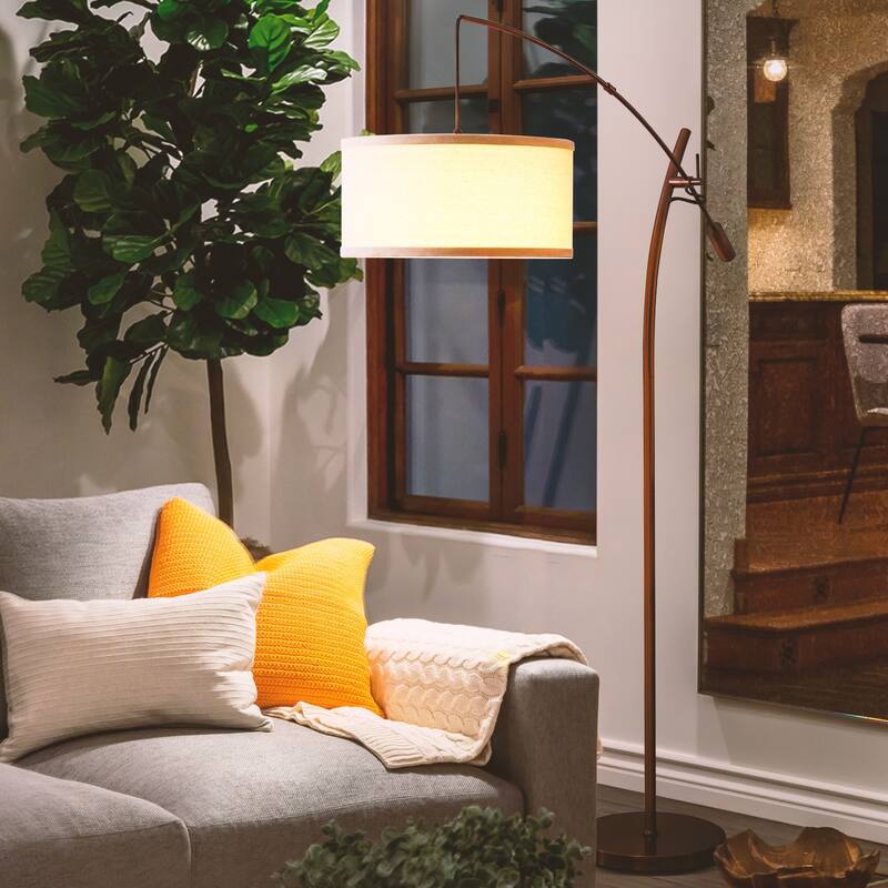 Brightech Grayson 84 in. Mid-Century Modern Height Adjustable LED Floor Lamp with Beige Fabric Drum Shade