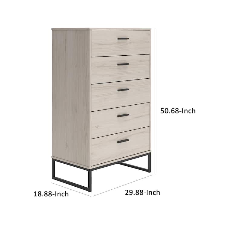 Zed 51 Inch 5 Drawer Chest, Natural Beige Wood Frame, Black Metal Base