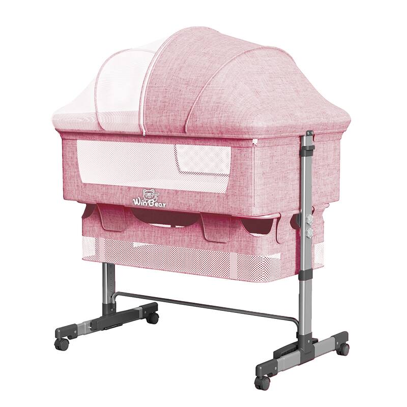 Adjustable Height Baby Bedside Sleeper Crib with Removable Mosquito Net Cover and Wheels - Pink