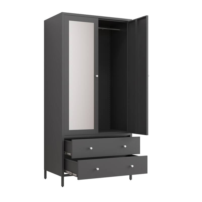 Metal Armoire Wardrobe Closet with 2 Drawers,Mirror Door and Hanging Rod