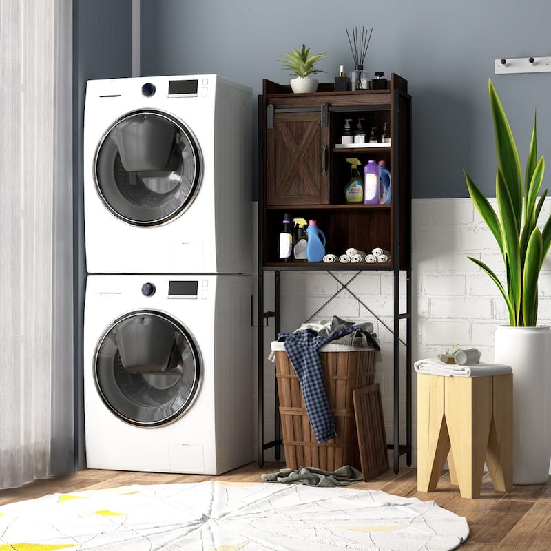 4-Tier Over Toilet Storage Cabinet with Adjustable Shelves and Sliding Door for Bathroom Organization - 25"W x 9.5"D x 67.5"H